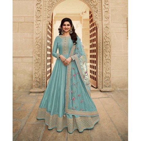 Embroidered gown in sky blue 