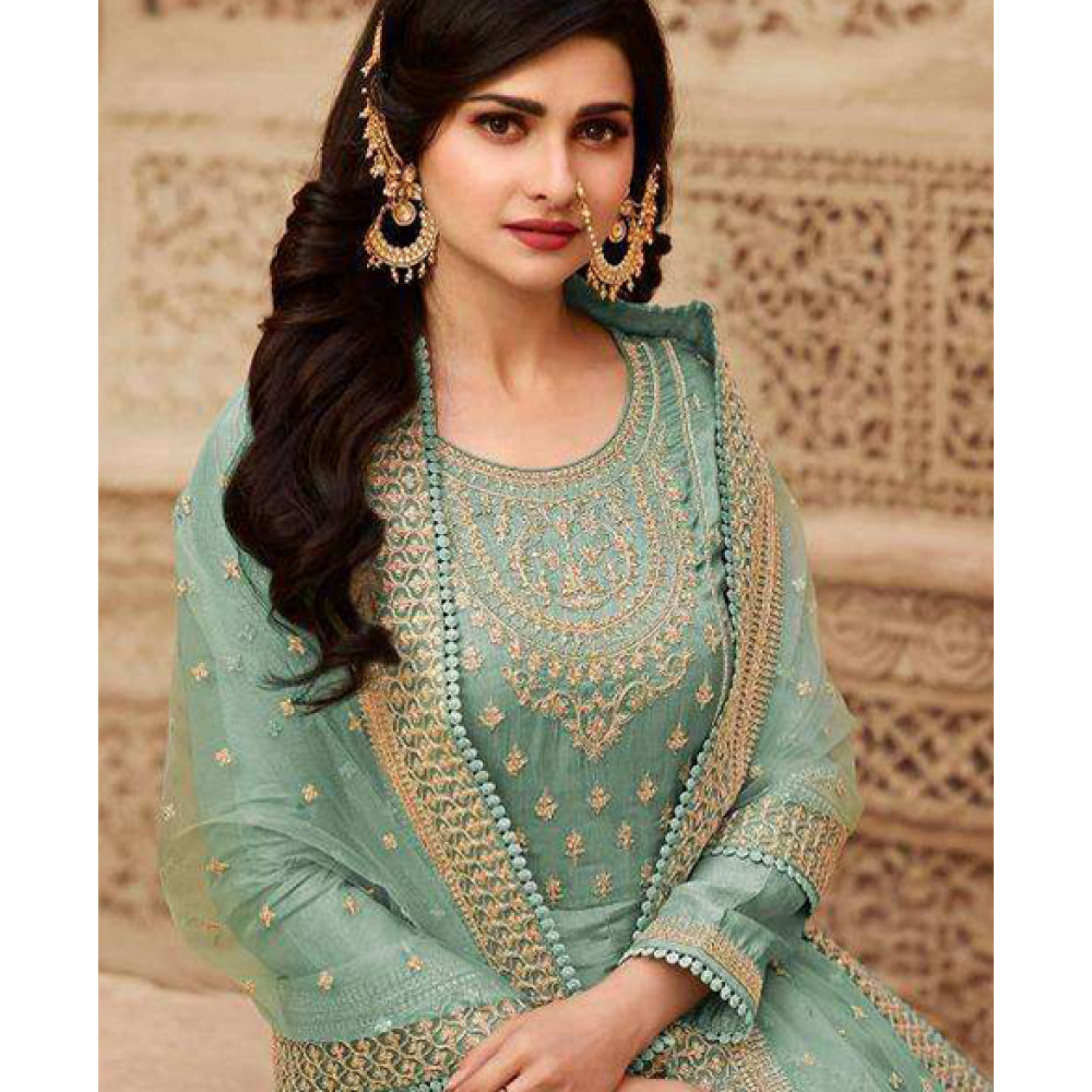 Embroidered gown in floral printed tiffany blue   