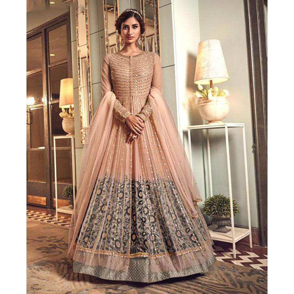 Heavy Net Embroidered Gown In Peach and Grey