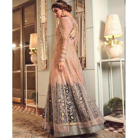 Heavy Net Embroidered Gown In Peach and Grey