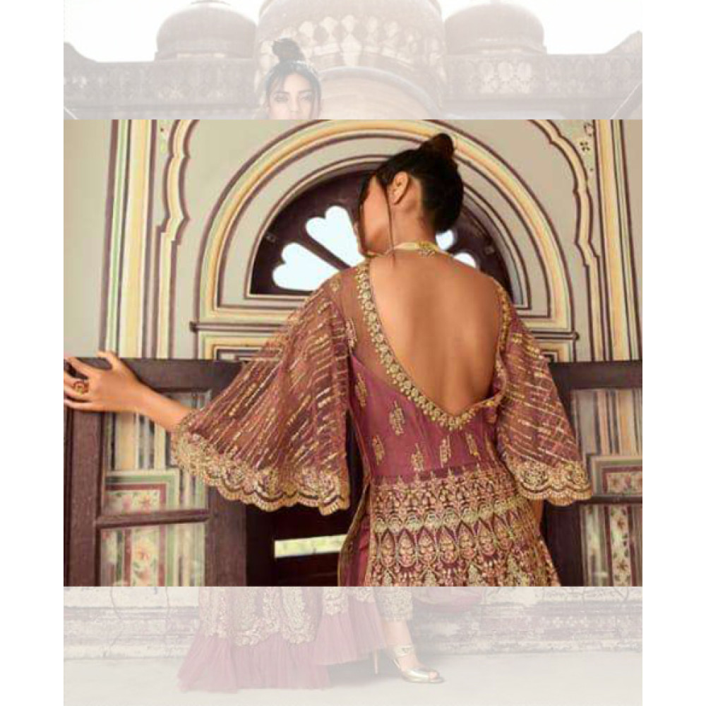 Heavy Net Embroidered Gown In Dusty Pink