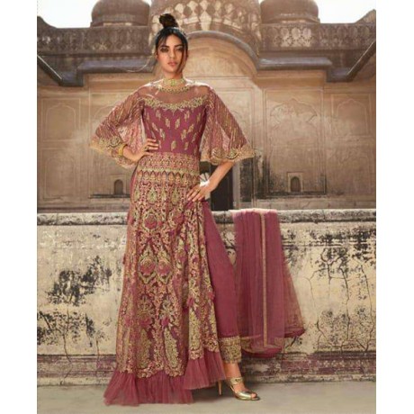Heavy Net Embroidered Gown In Dusty Pink