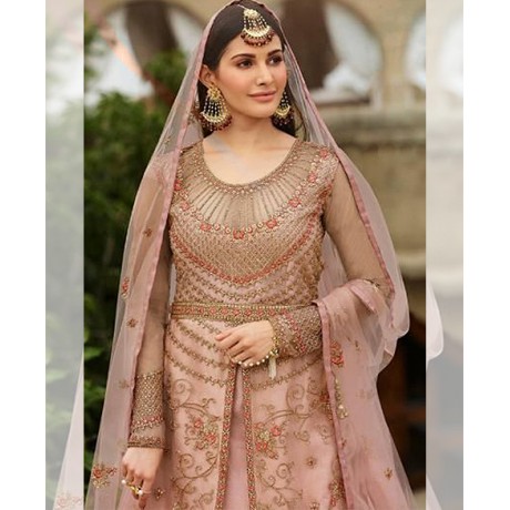 Embroidered Net Front Slit Abaya Style Suit in Deep Salmon