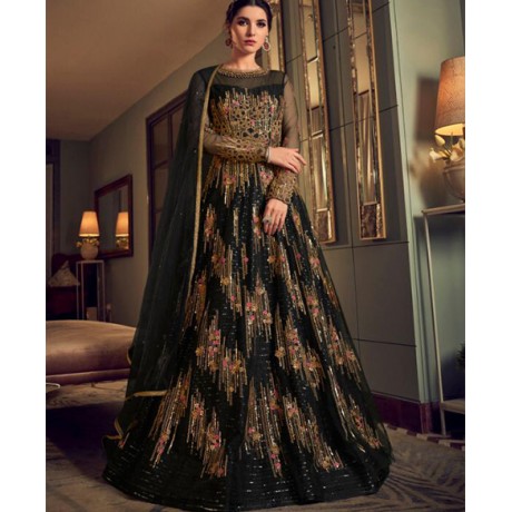 Heavy Net Embroidered Gown In Black 