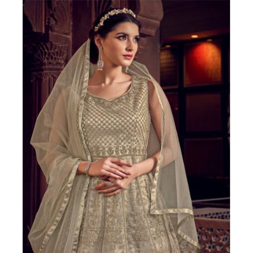 Embroidered Net Pakistani Sharara Suit In Silver