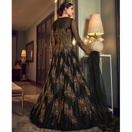 Heavy Net Embroidered Gown In Black 