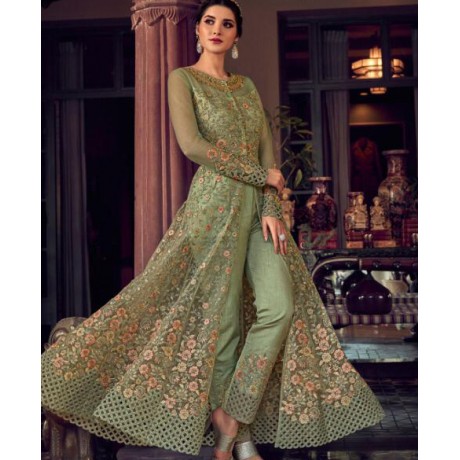 Embroidered Net Front Slit Abaya Style gown in Lime Green 