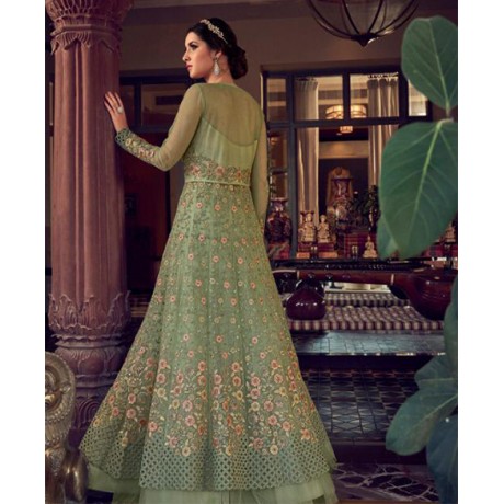 Embroidered Net Front Slit Abaya Style gown in Lime Green 