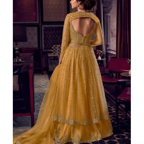 Embroidered Net Abaya Style Gown In Yellow 