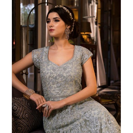 Heavy Net Embroidered Gown In Silver 