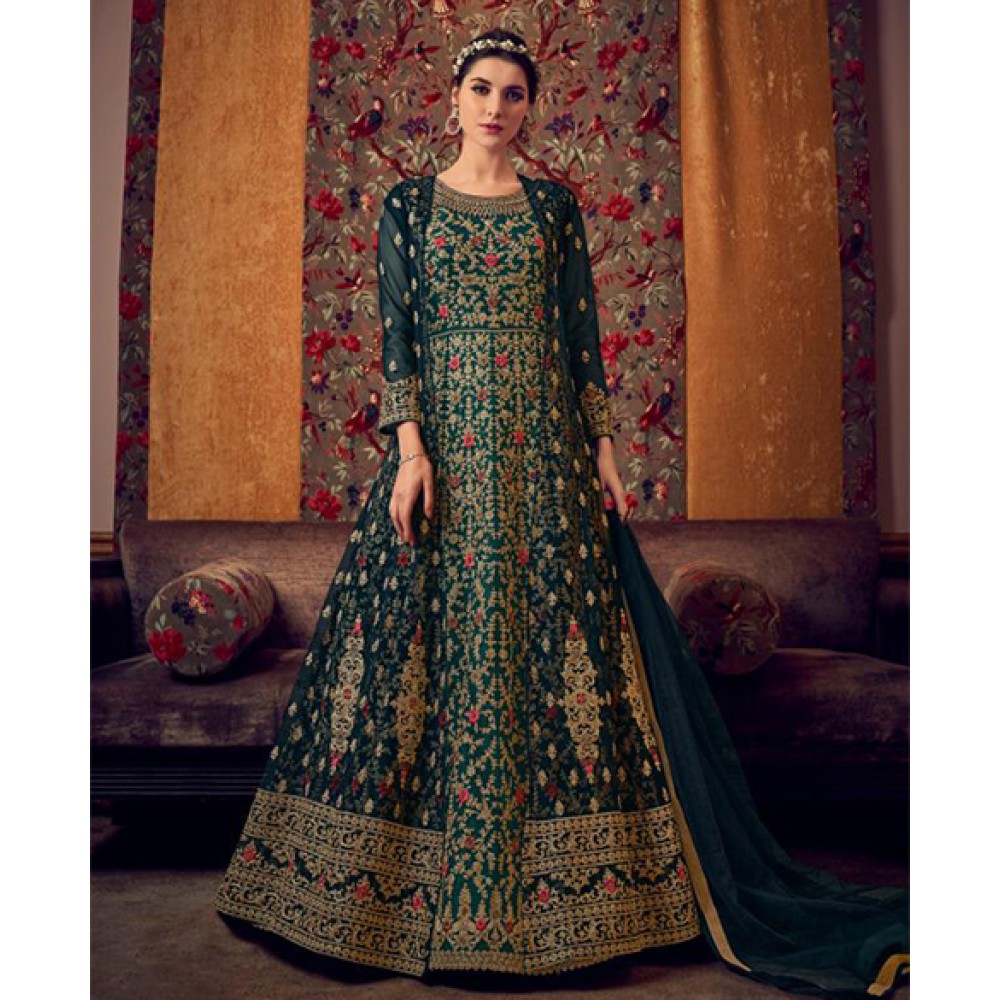 Embroidered Shrug Double Style Gown In Royal Blue 