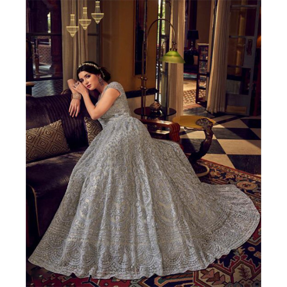 Heavy Net Embroidered Gown In Silver 