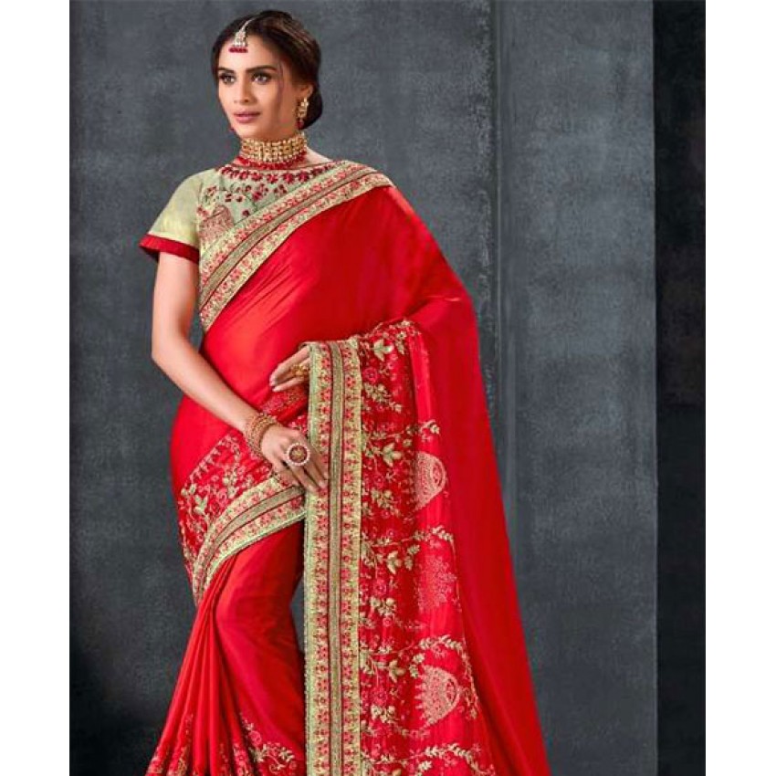 Embroided Saree in Red and Lime Shade
