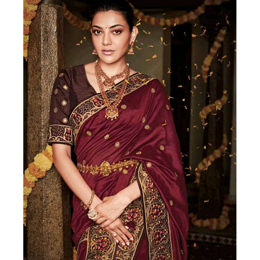 Embroidered Saree in Brown and  Maroon