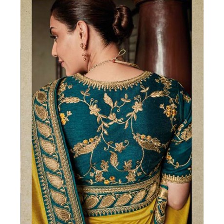 Embroided Saree in Blue and Lemon Color