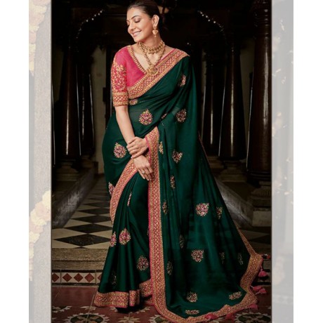 Embroidered Saree in Green and Queen Pink