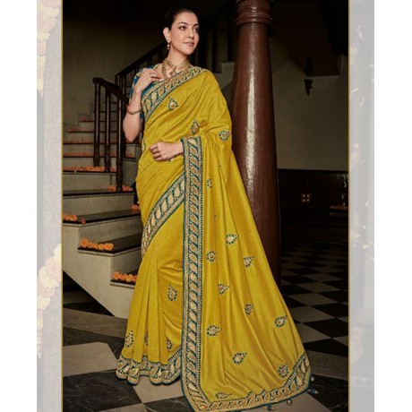 Embroided Saree in Blue and Lemon Color