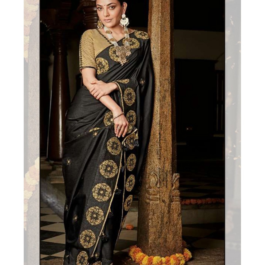 Embroided Saree in Black and Golden 