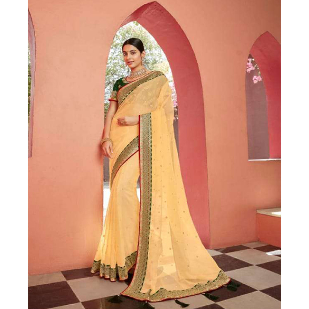 Embroided Saree in Yellow and Green 