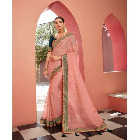 Embroided Saree in Teal Blue and Pink 