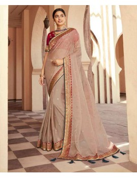 Embroided Organza Saree in Rose Gold and Crystal Maroon