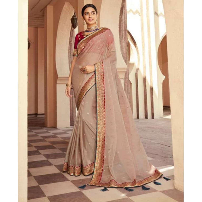 Embroided Organza Saree in Rose Gold and Crystal Maroon
