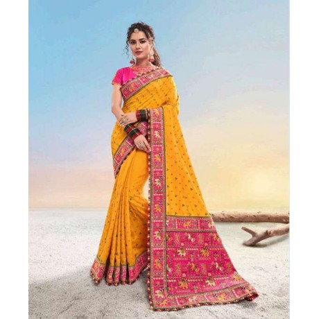 Heavy Embroidered Banarasi Silk saree in Yellow 