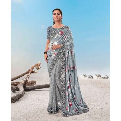 Heavy Net Embroidered Saree in Grey