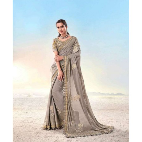  Heavy Crystal Embroidered Saree in Beige  