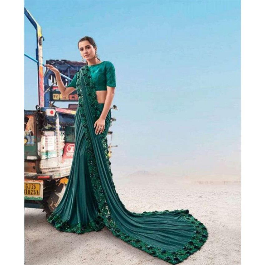 Embroidered Bridal Saree in Teal Green 