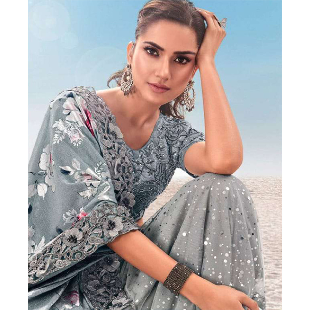 Heavy Net Embroidered Saree in Grey