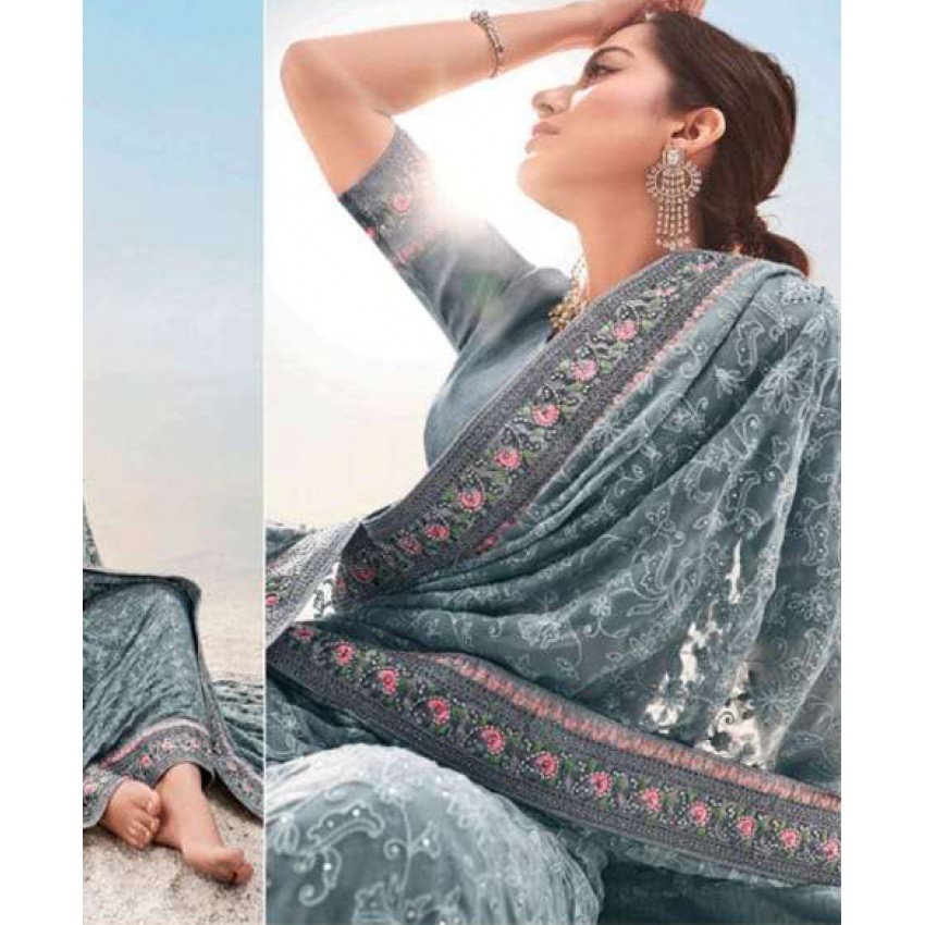 Heavy Embroidered Saree in Grey 
