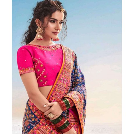 Heavy Net Embroidered Saree in Blue and Pink