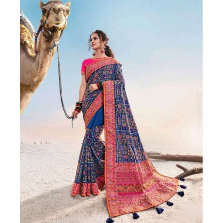 Heavy Net Embroidered Saree in Blue and Pink